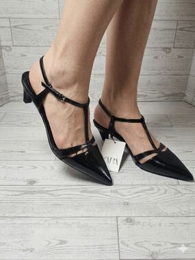 NWT Zara Black Patent Leather T-Strap Pointy Heels ✨